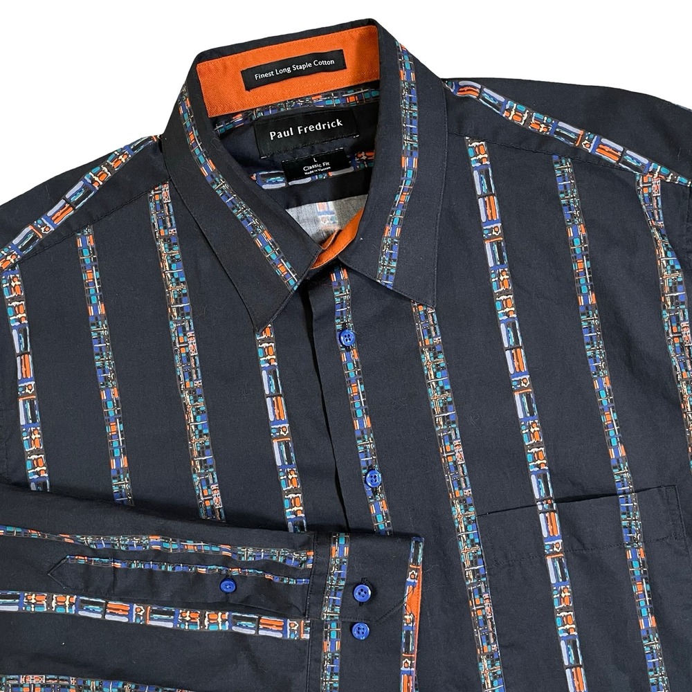 Paul Fredrick Button Up Shirt Mens L Black Multi Stripe Classic Fit Art Deco